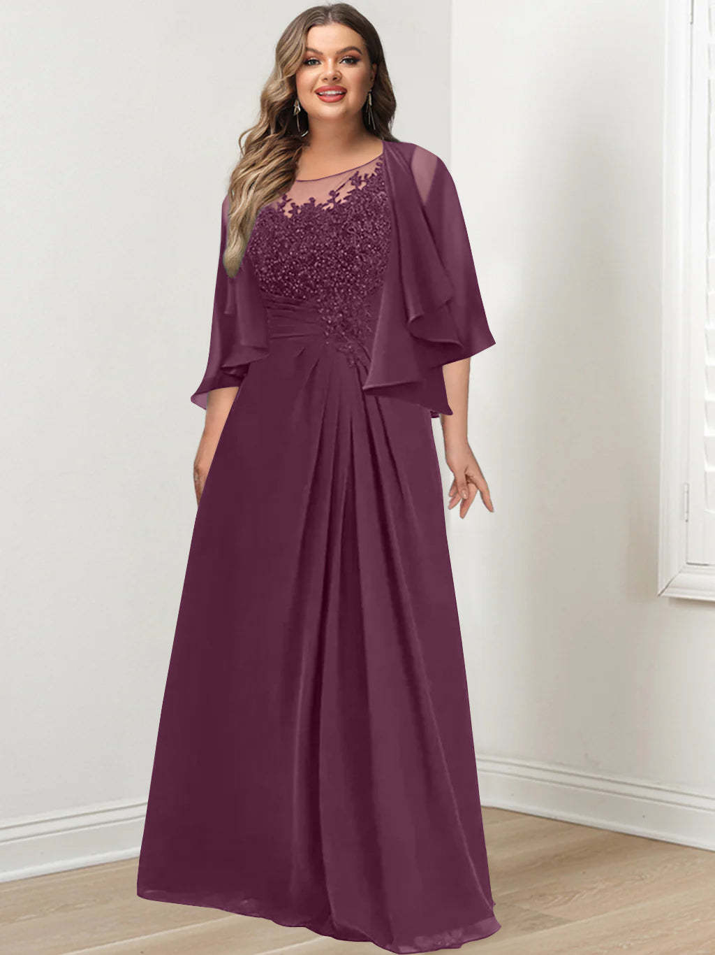 Plus Size Mother of the Bride A-Line Princess Scoop Floor-Length Dress with Pleated & Sequins-BMbridal