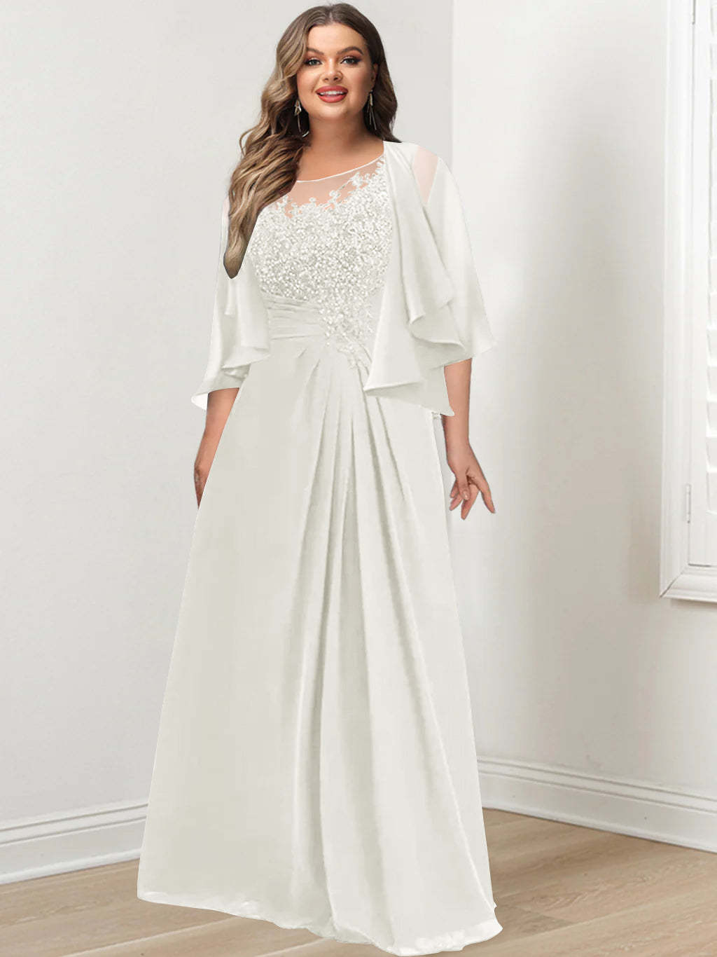 Plus Size Mother of the Bride A-Line Princess Scoop Floor-Length Dress with Pleated & Sequins-BMbridal