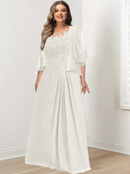 Plus Size Mother of the Bride A-Line Princess Scoop Floor-Length Dress with Pleated & Sequins-BMbridal