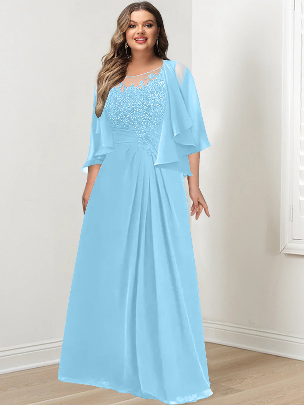 Plus Size Mother of the Bride A-Line Princess Scoop Floor-Length Dress with Pleated & Sequins-BMbridal