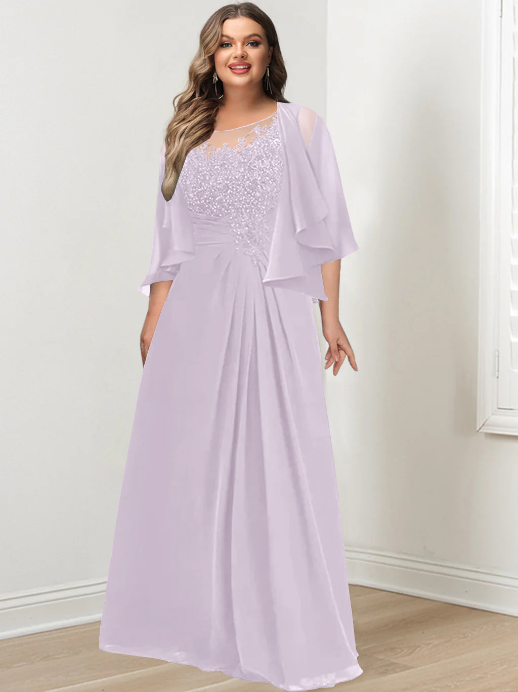 Plus Size Mother of the Bride A-Line Princess Scoop Floor-Length Dress with Pleated & Sequins-BMbridal