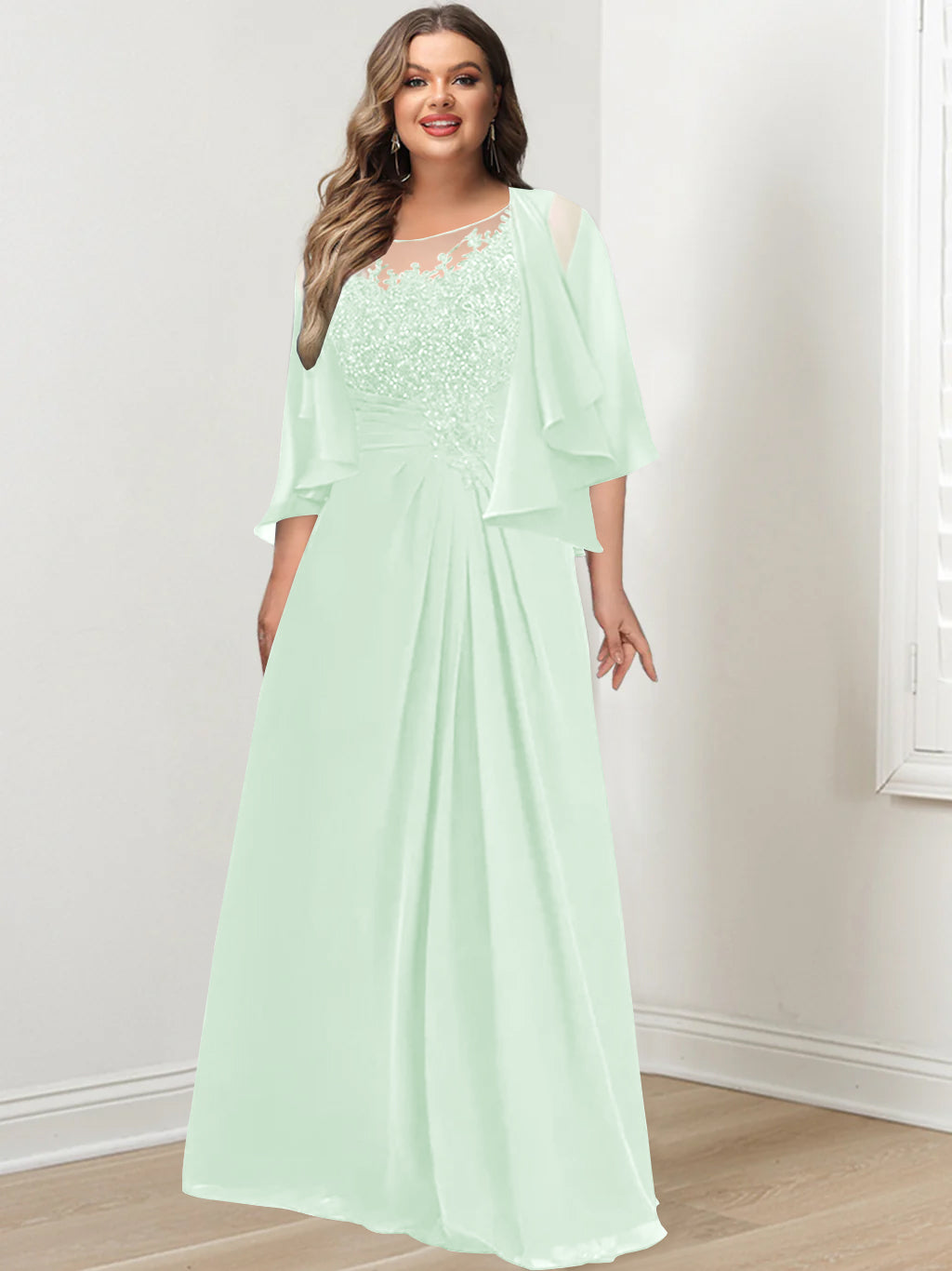 Plus Size Mother of the Bride A-Line Princess Scoop Floor-Length Dress with Pleated & Sequins-BMbridal