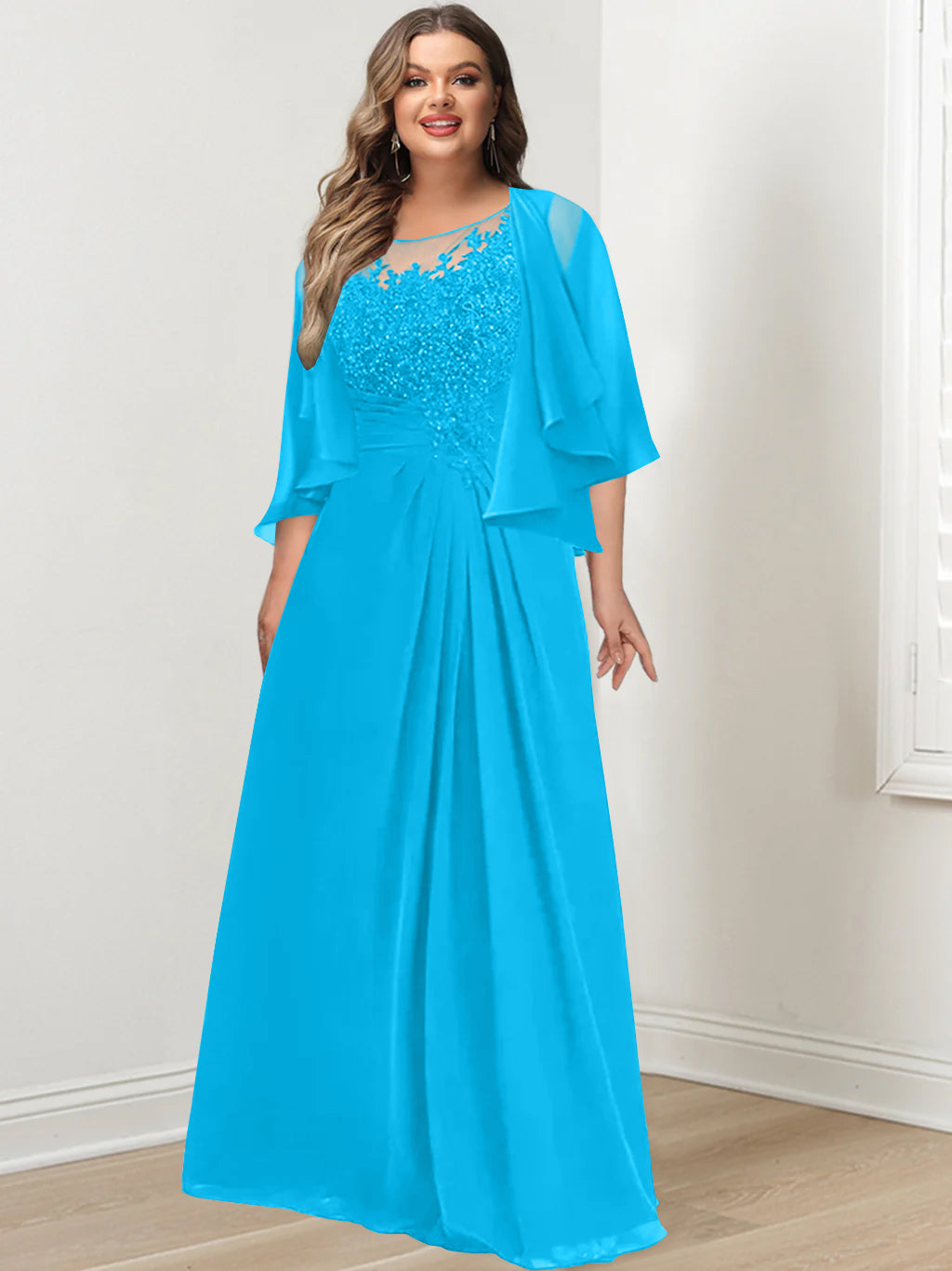 Plus Size Mother of the Bride A-Line Princess Scoop Floor-Length Dress with Pleated & Sequins-BMbridal