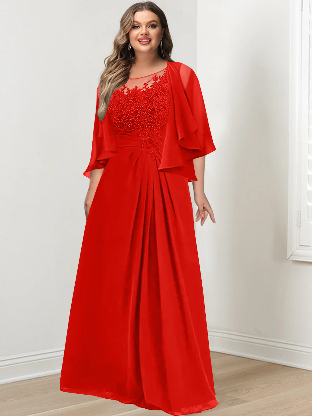 Plus Size Mother of the Bride A-Line Princess Scoop Floor-Length Dress with Pleated & Sequins-BMbridal