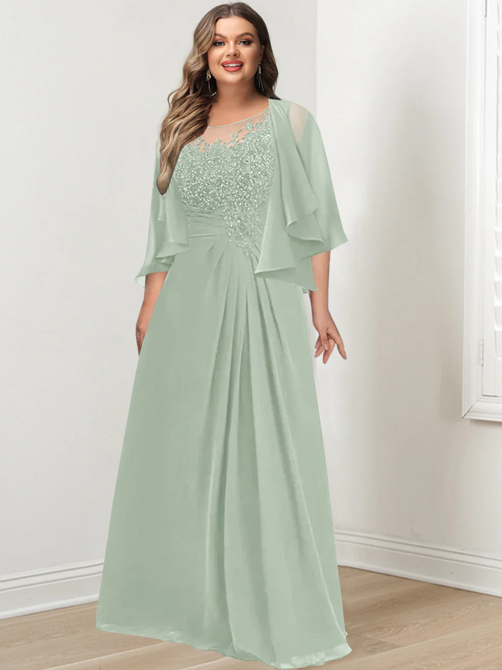 Plus Size Mother of the Bride A-Line Princess Scoop Floor-Length Dress with Pleated & Sequins-BMbridal