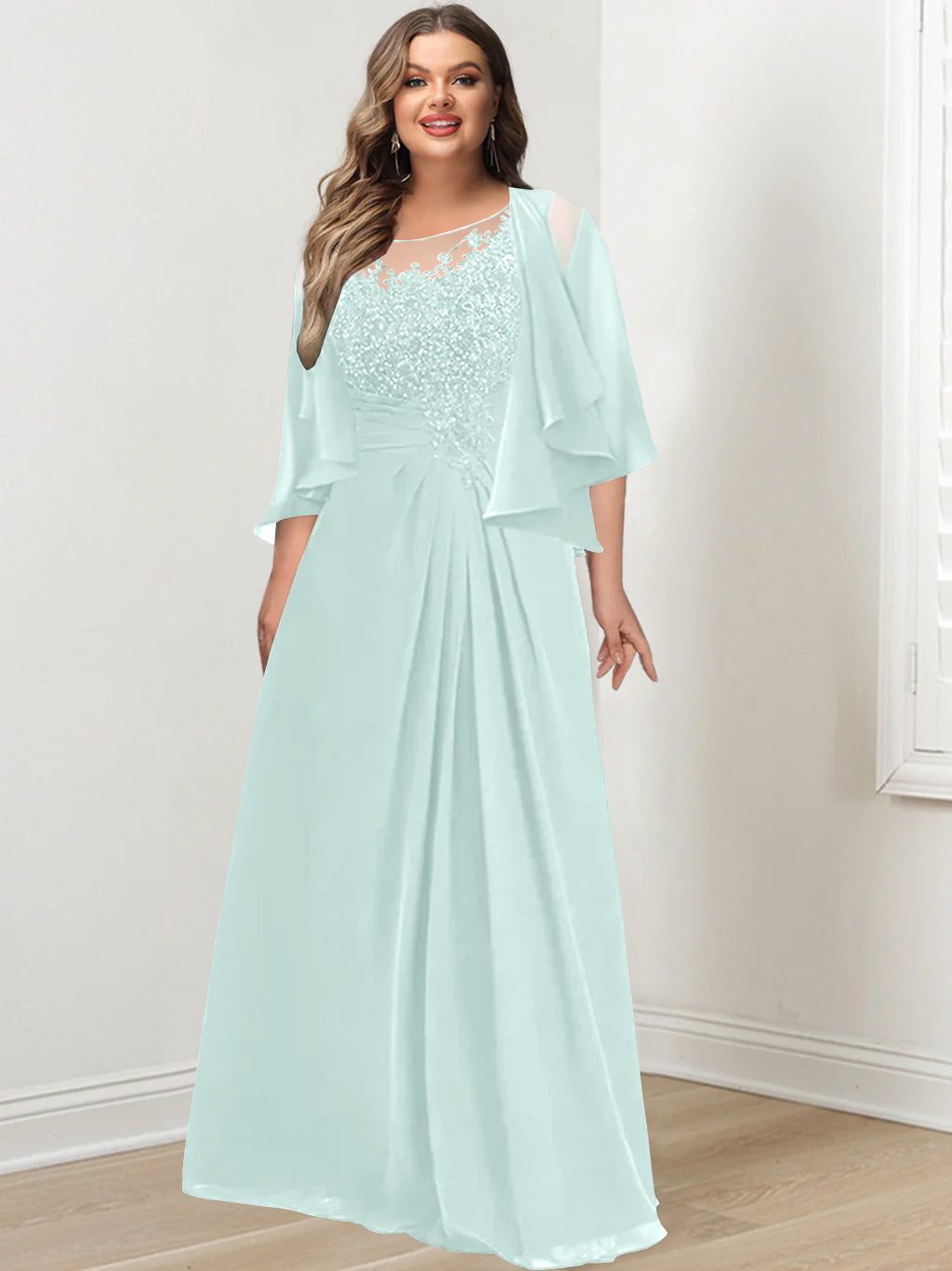 Plus Size Mother of the Bride A-Line Princess Scoop Floor-Length Dress with Pleated & Sequins-BMbridal