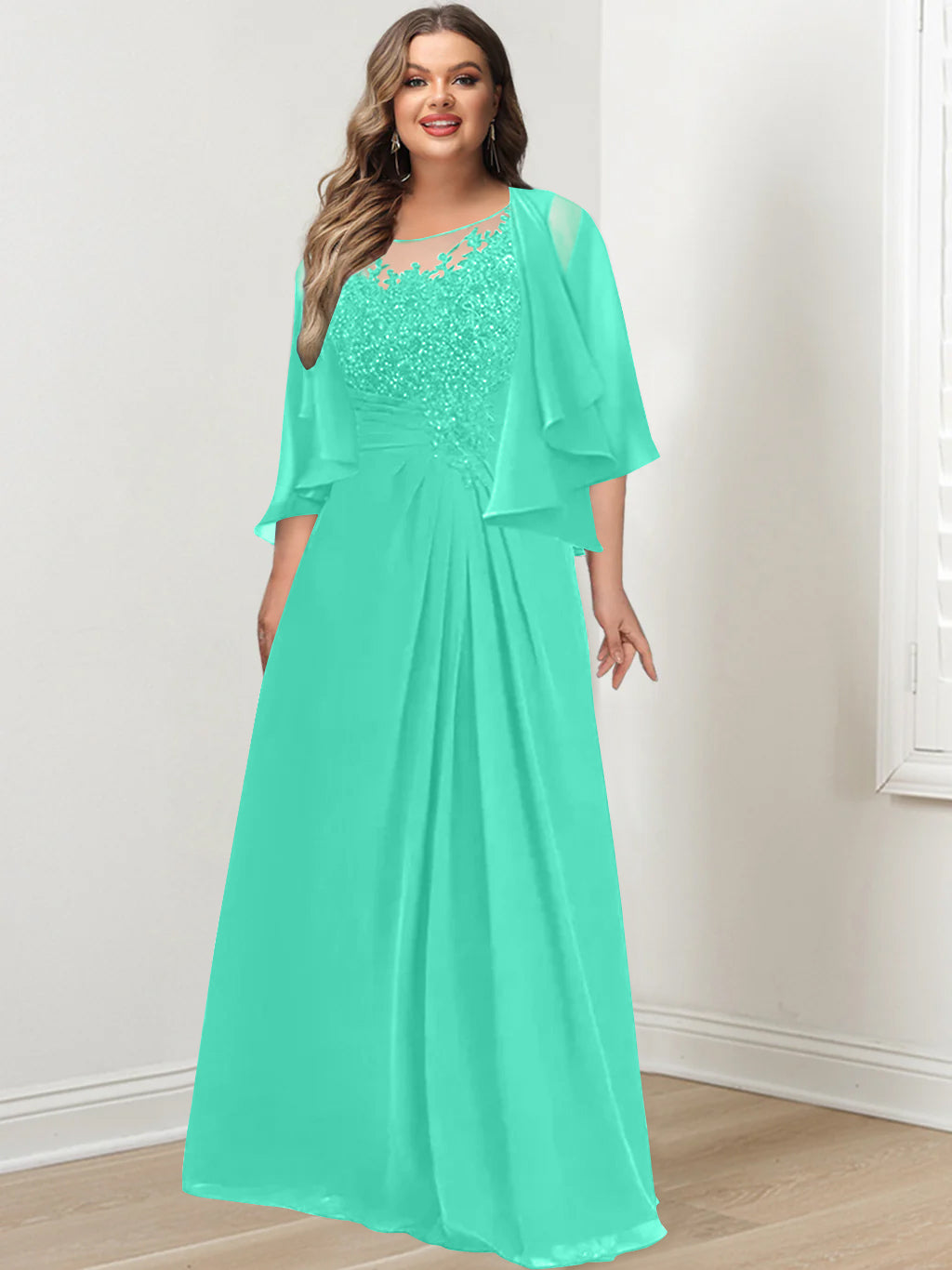 Plus Size Mother of the Bride A-Line Princess Scoop Floor-Length Dress with Pleated & Sequins-BMbridal
