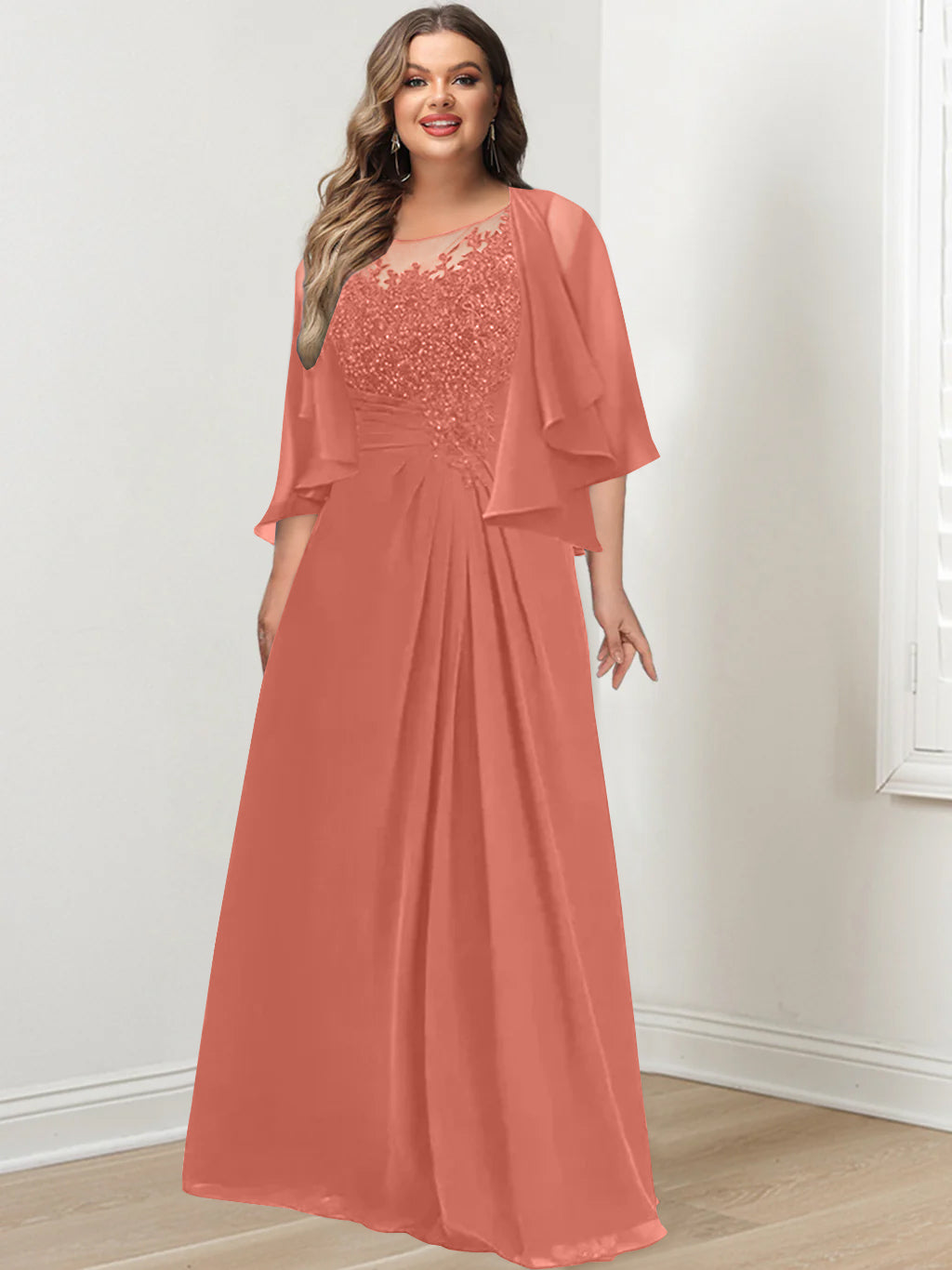 Plus Size Mother of the Bride A-Line Princess Scoop Floor-Length Dress with Pleated & Sequins-BMbridal