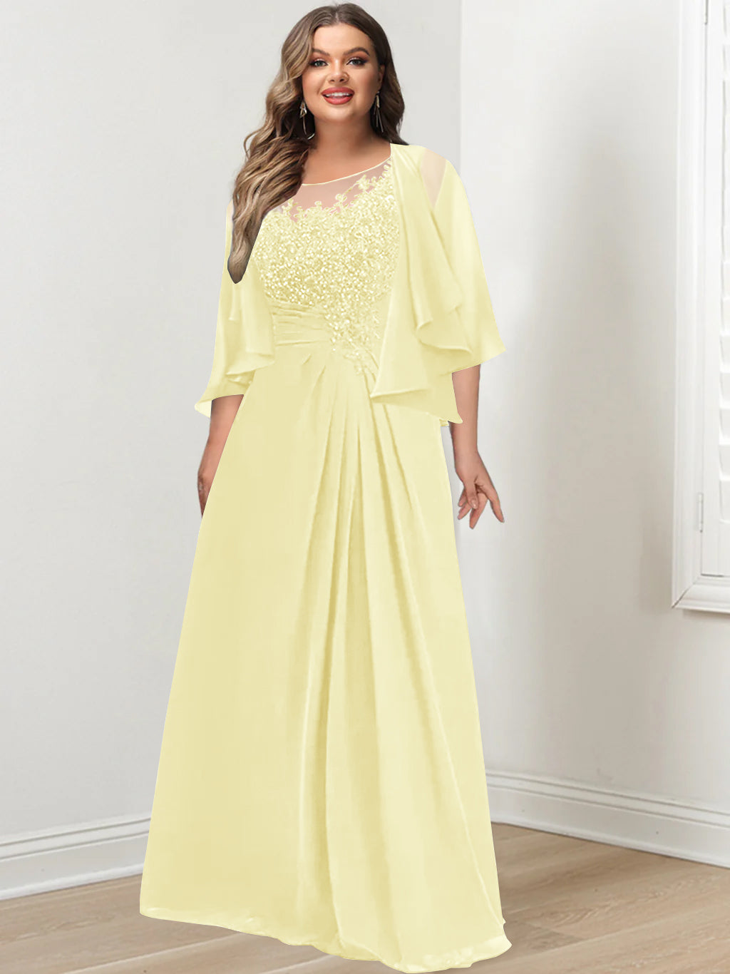 Plus Size Mother of the Bride A-Line Princess Scoop Floor-Length Dress with Pleated & Sequins-BMbridal
