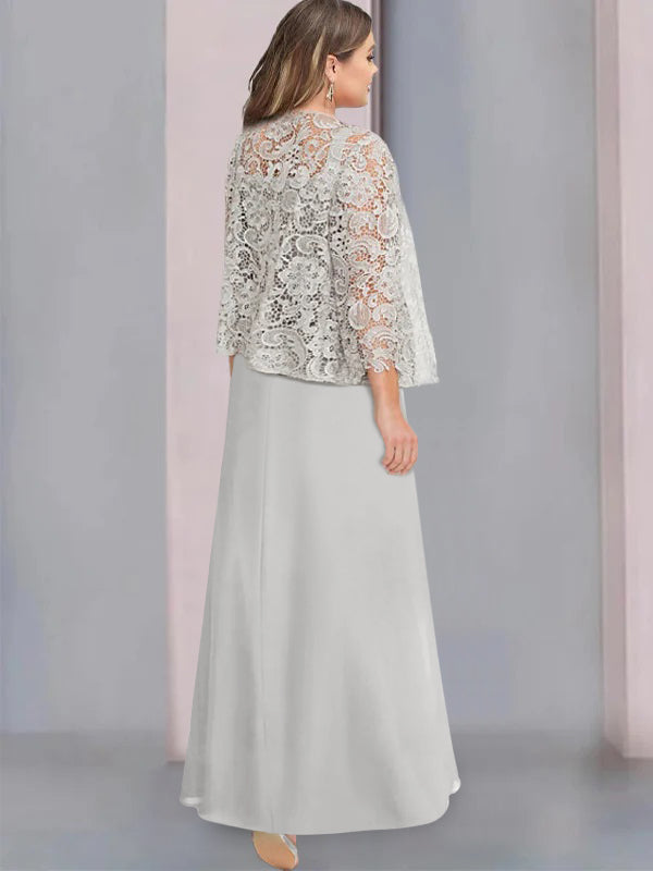 Plus Size Mother of the Bride A-Line/Princess Floor-Length Dress with Scoop Neckline Pleats & Lace Appliques-BMbridal