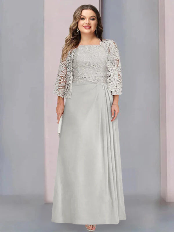 Plus Size Mother of the Bride A-Line/Princess Floor-Length Dress with Scoop Neckline Pleats & Lace Appliques-BMbridal