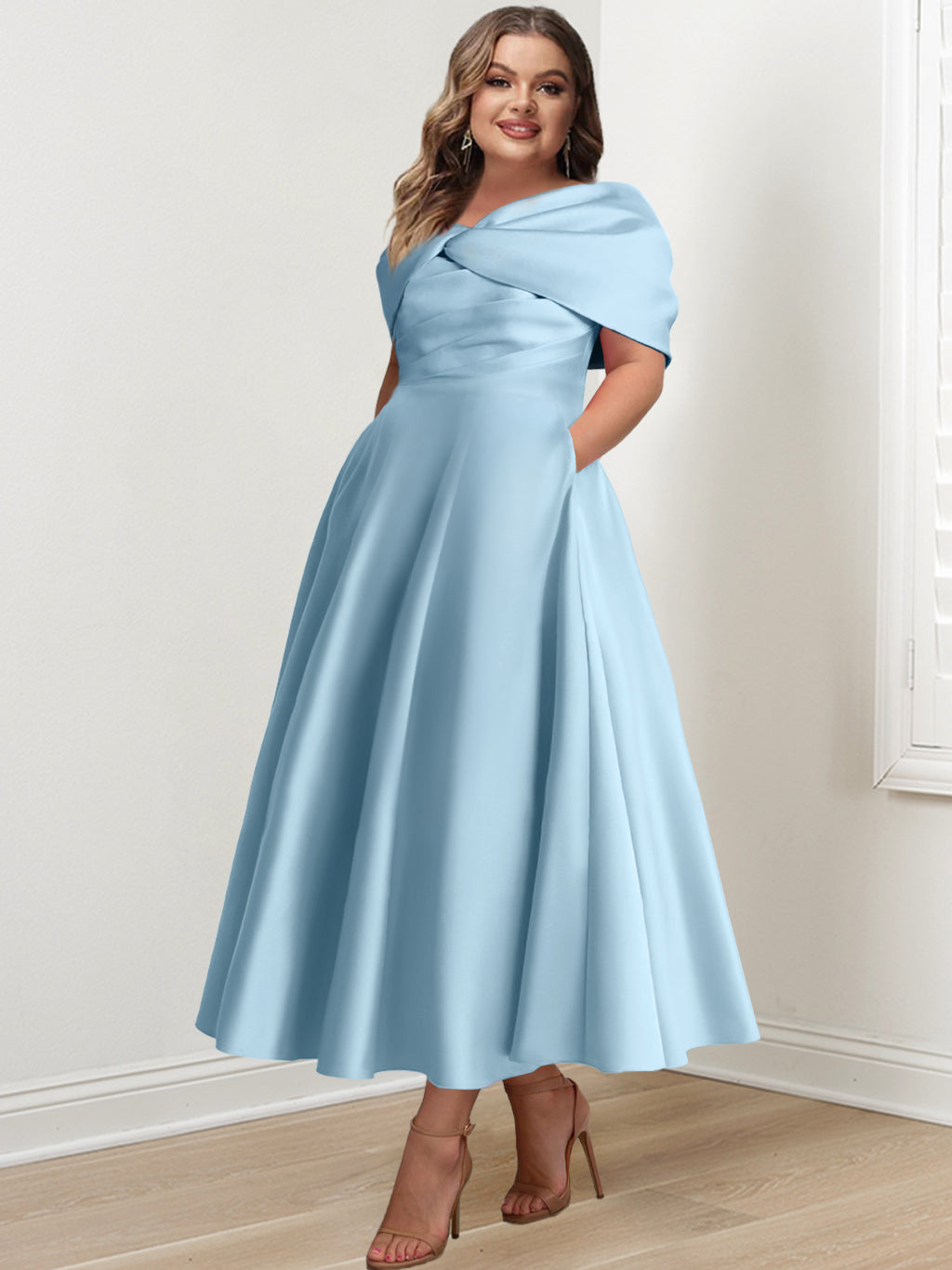 Plus Size Off-The-Shoulder A-Line Princess Ankle-Length Mother Of The Bride Dress With Ruffles & Bowknot-BMbridal