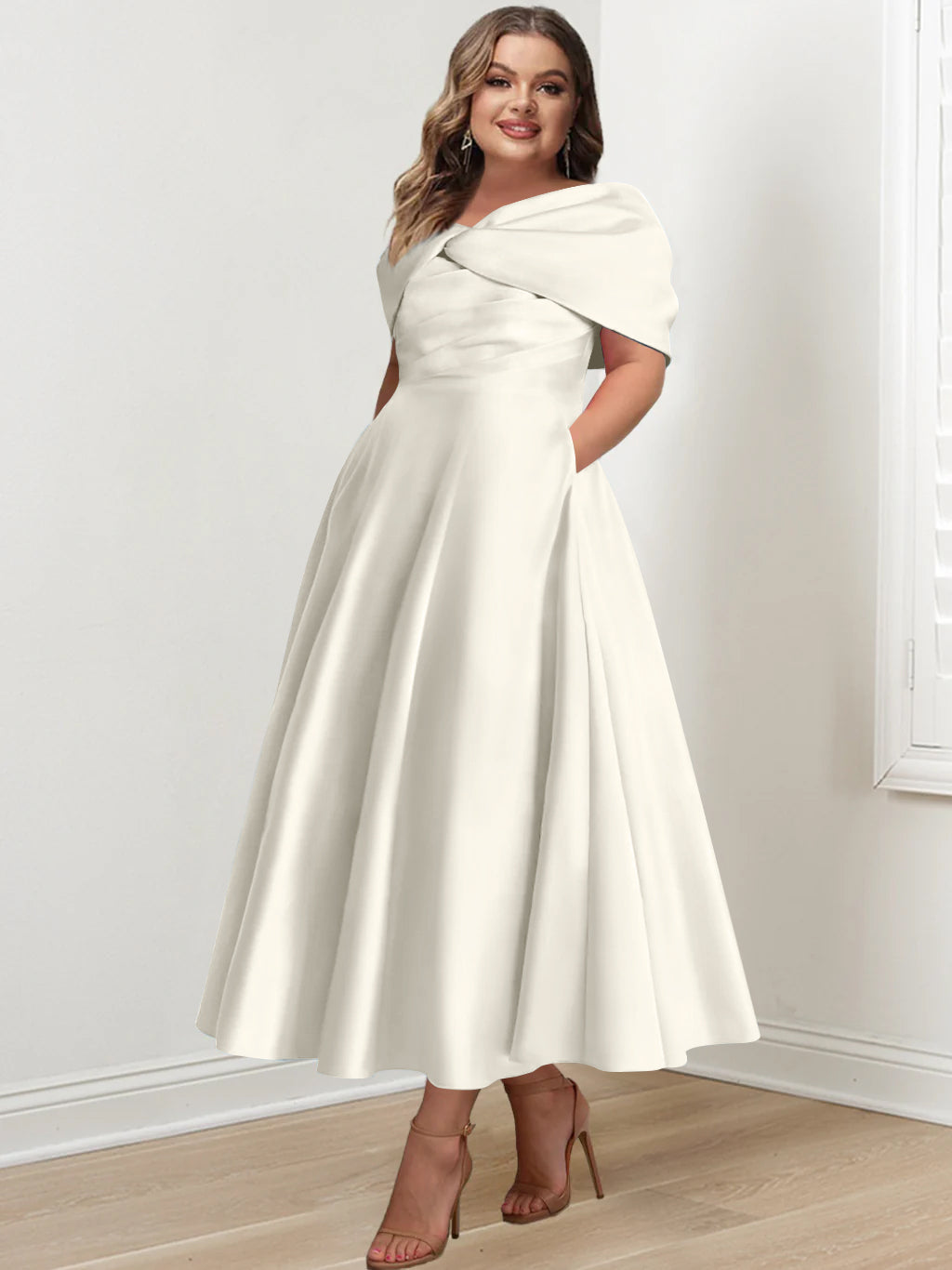 Plus Size Off-The-Shoulder A-Line Princess Ankle-Length Mother Of The Bride Dress With Ruffles & Bowknot-BMbridal