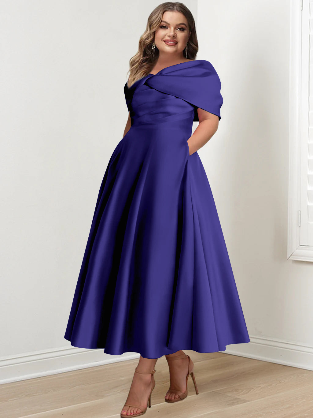 Plus Size Off-The-Shoulder A-Line Princess Ankle-Length Mother Of The Bride Dress With Ruffles & Bowknot-BMbridal