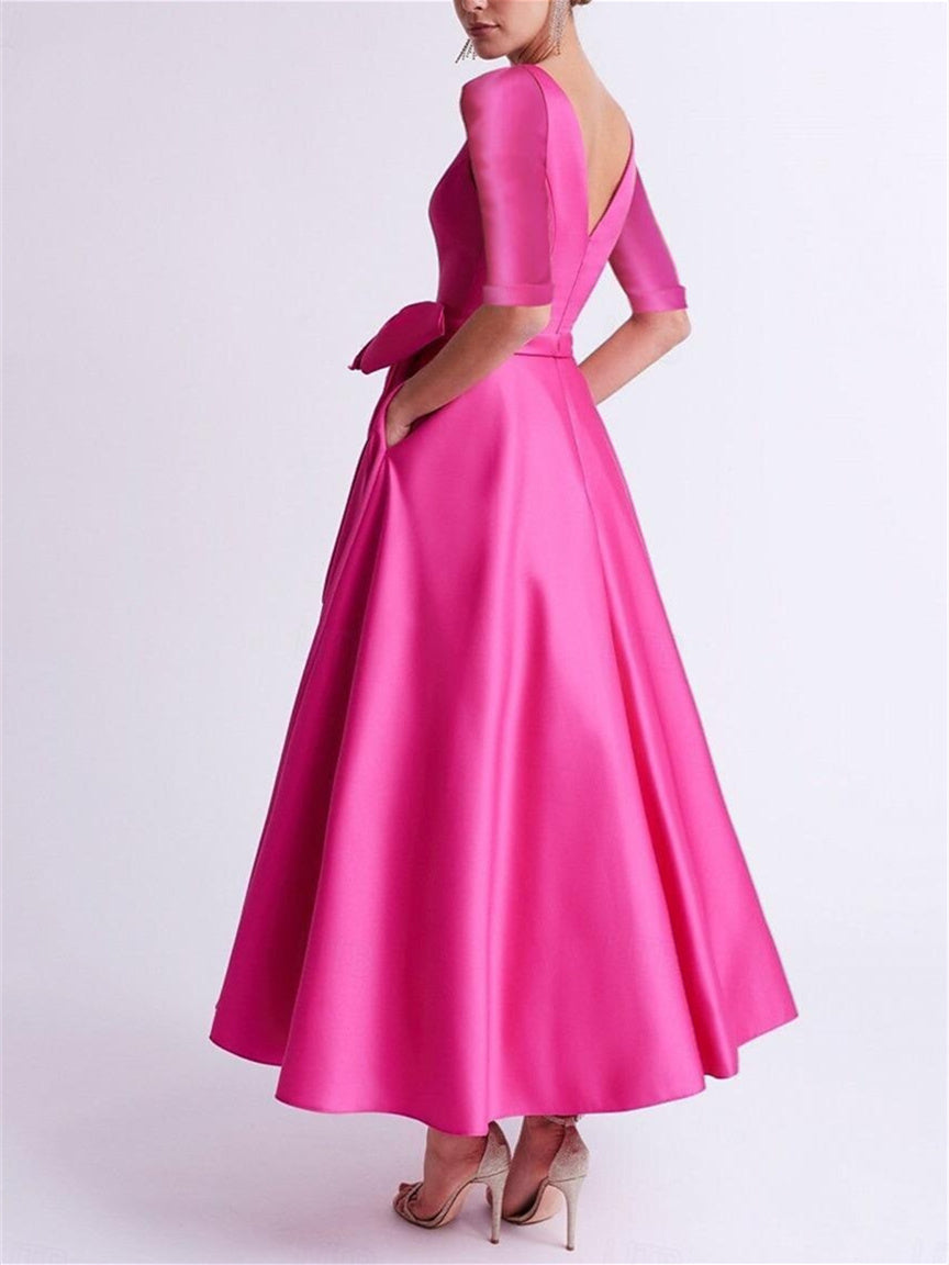 V-Neck A-Line Princess Tea-Length Satin Mother of the Bride Dress with Bow(s) and 3/4 Sleeves-BMbridal
