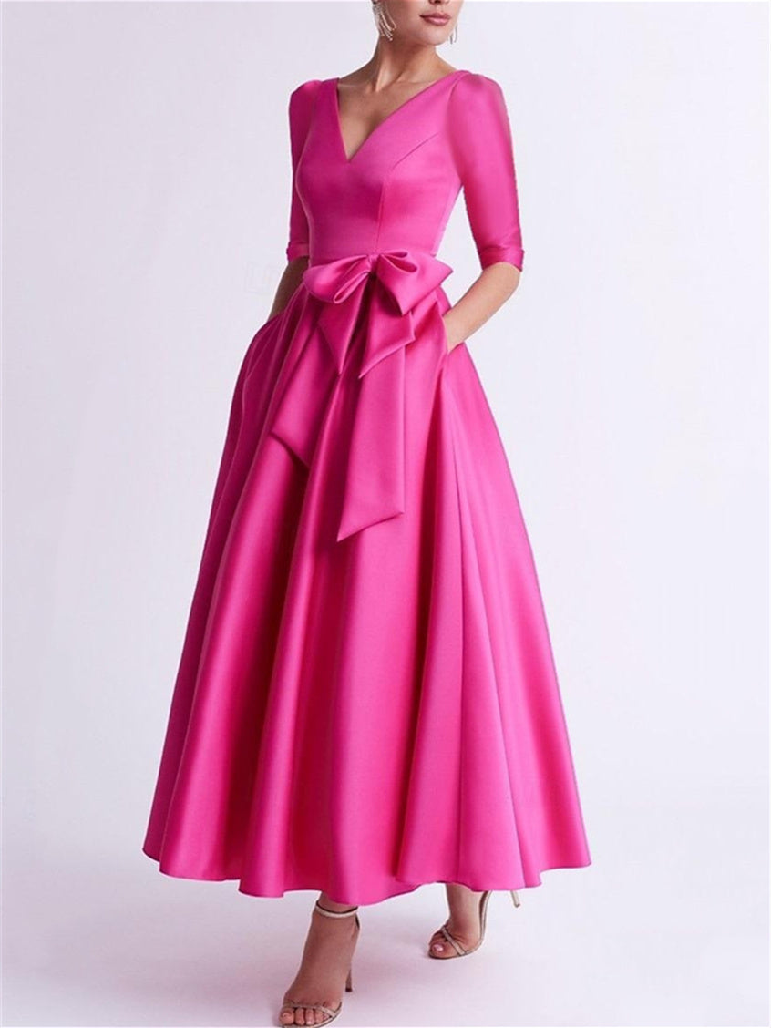 V-Neck A-Line Princess Tea-Length Satin Mother of the Bride Dress with Bow(s) and 3/4 Sleeves-BMbridal