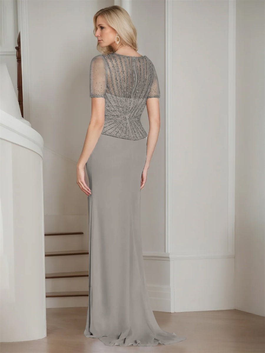 V-Neck Short Sleeve Floor-Length Sheath Dress for the Mother of the Bride-BMbridal