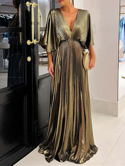 V-Neck A-Line Princess Floor-Length Mother of the Bride Dress with Ruched Detail and Half Sleeves