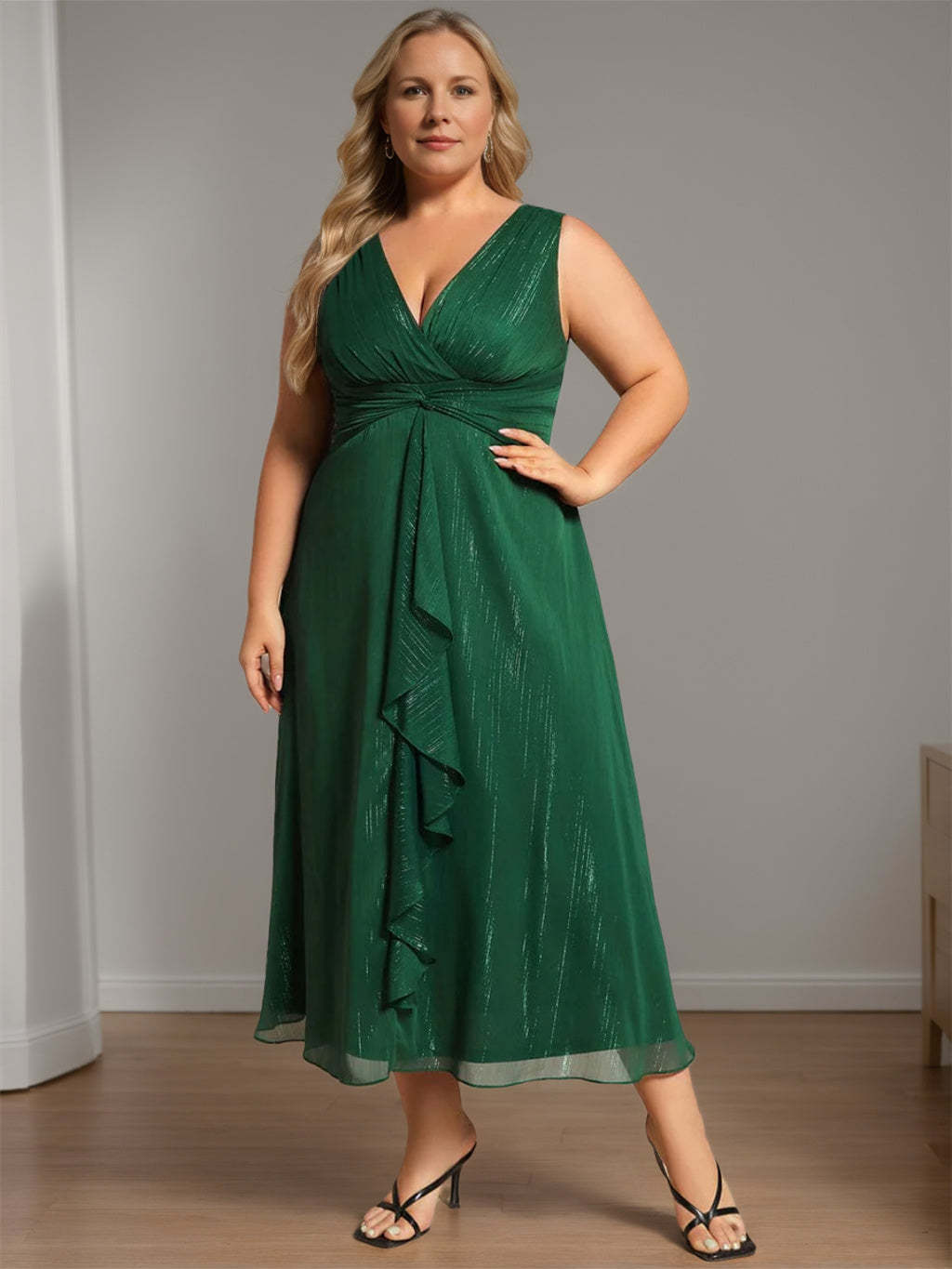 Pure Color Tea-Length Mother of the Bride Dress with V-Neck and A-Line Silhouette