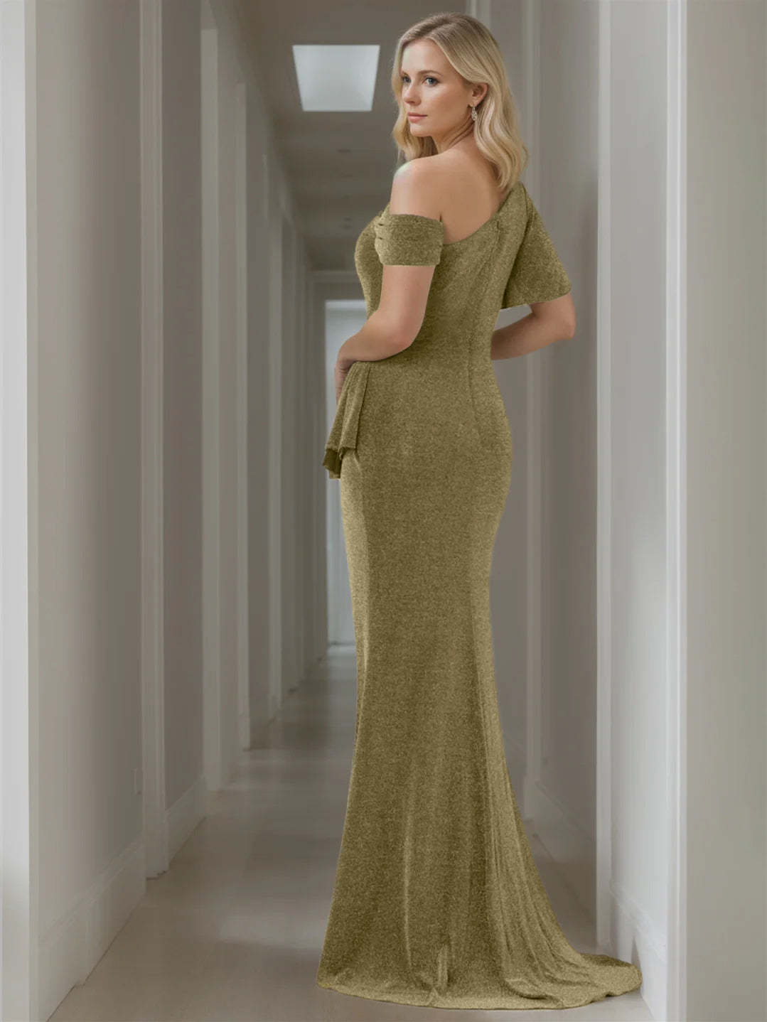 Pure Color Off-the-Shoulder Mermaid/Trumpet Floor-Length Mother of the Bride Dresses With Short Sleeves-BMbridal