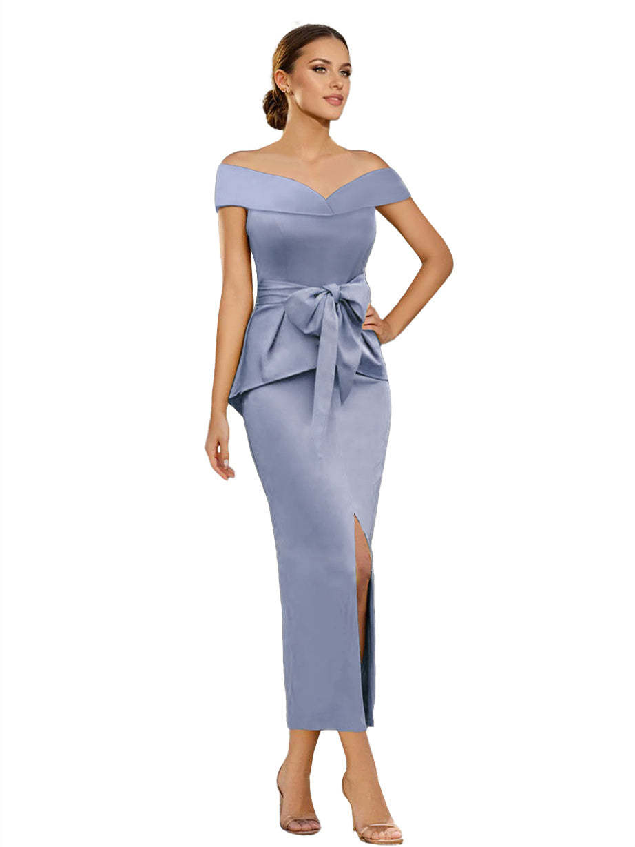 Pure Color Off-the-Shoulder Sleeveless Ankle-Length Sheath Mother of the Bride Dresses-BMbridal