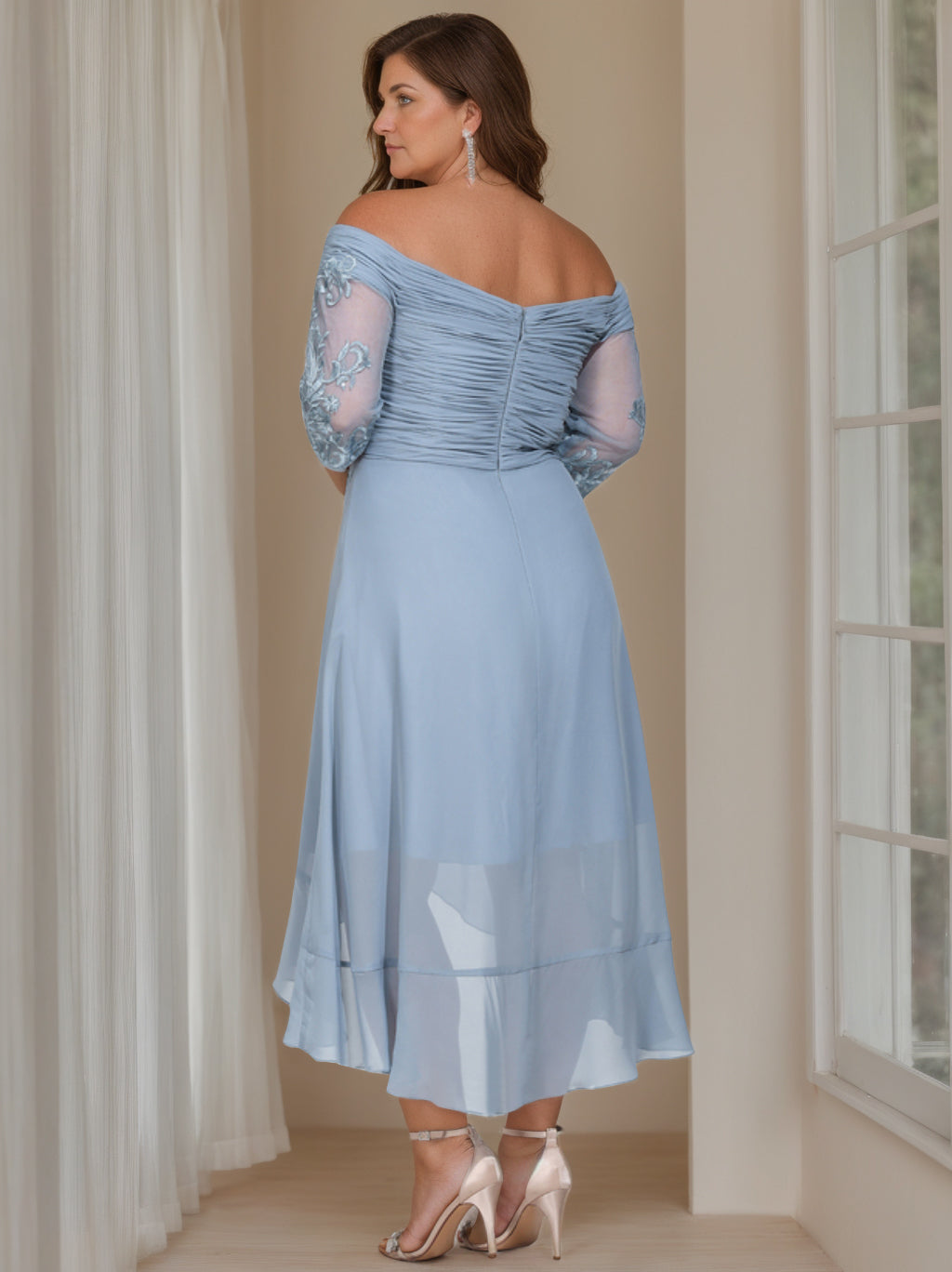 Princess A-Line Off-the-Shoulder Asymmetrical Plus Size Mother of the Bride Gown with 3/4 Sleeves and Sequins-BMbridal