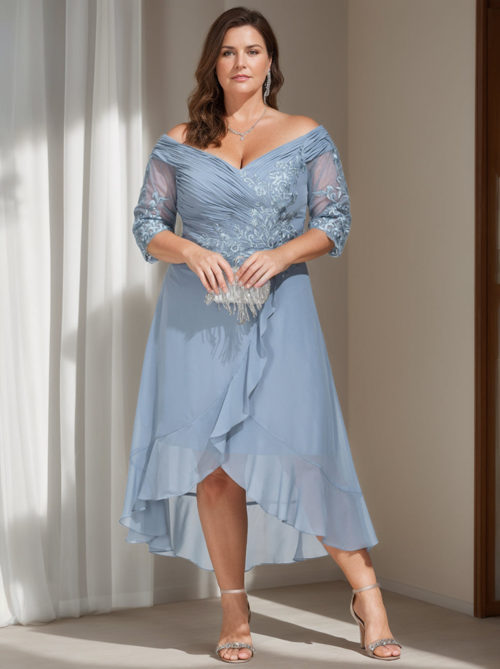 Princess A-Line Off-the-Shoulder Asymmetrical Plus Size Mother of the Bride Gown with 3/4 Sleeves and Sequins-BMbridal