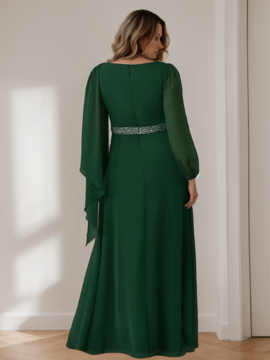 Plus Size Floor-Length Mother of the Bride A-Line Dress with Scoop Neck Long Sleeves Beaded Pleats and Cascading Ruffles