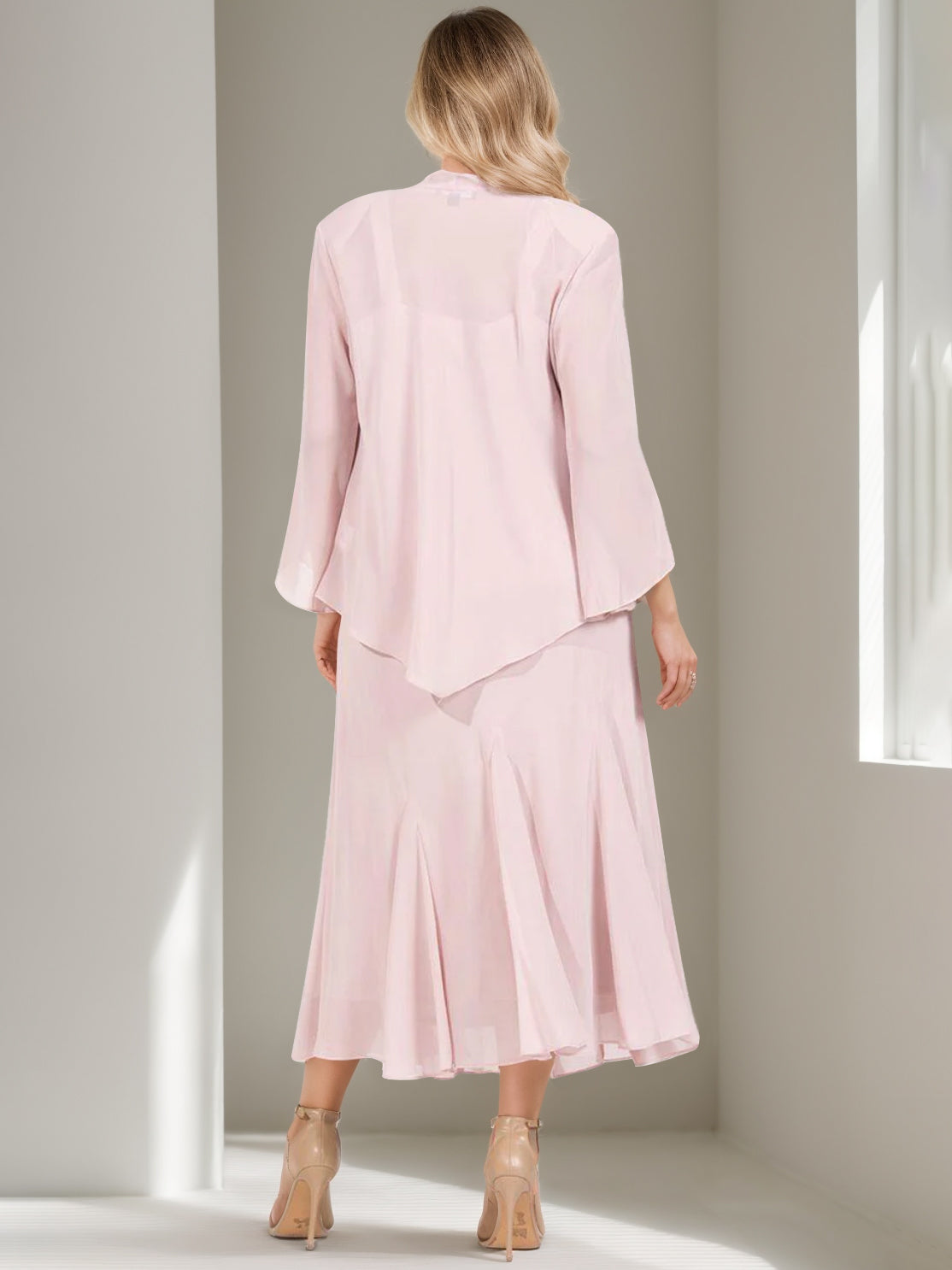 V-Neck A-Line Princess Two-Piece Plus Size Mother of the Bride Dress with Jacket and Sequins in Tea-Length-BMbridal