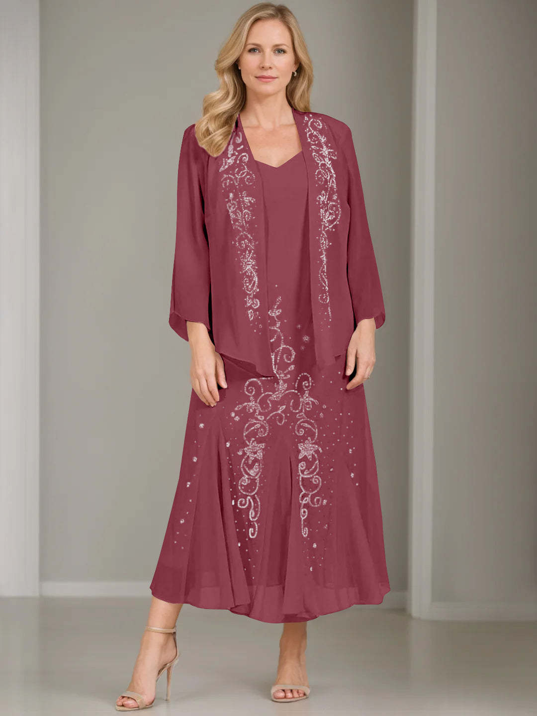 V-Neck A-Line Princess Two-Piece Plus Size Mother of the Bride Dress with Jacket and Sequins in Tea-Length-BMbridal