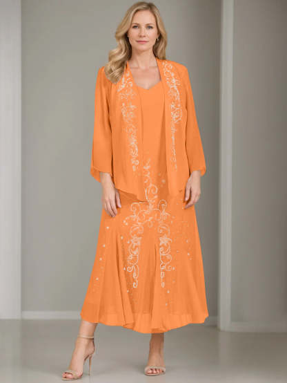 V-Neck A-Line Princess Two-Piece Plus Size Mother of the Bride Dress with Jacket and Sequins in Tea-Length-BMbridal