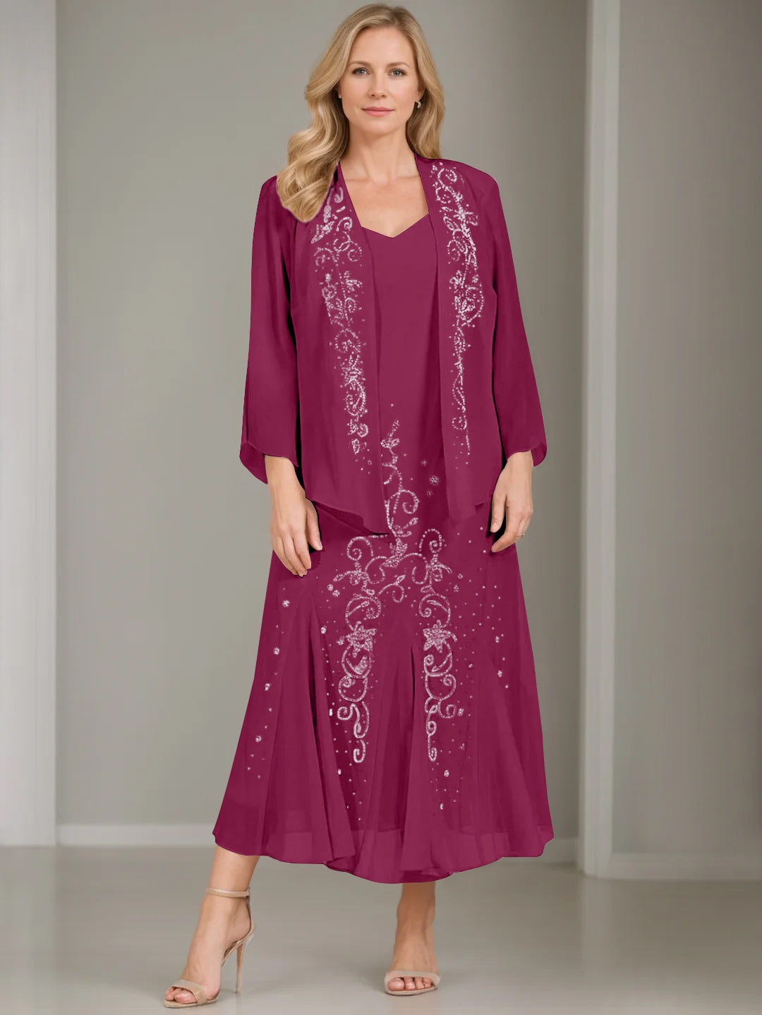 V-Neck A-Line Princess Two-Piece Plus Size Mother of the Bride Dress with Jacket and Sequins in Tea-Length-BMbridal