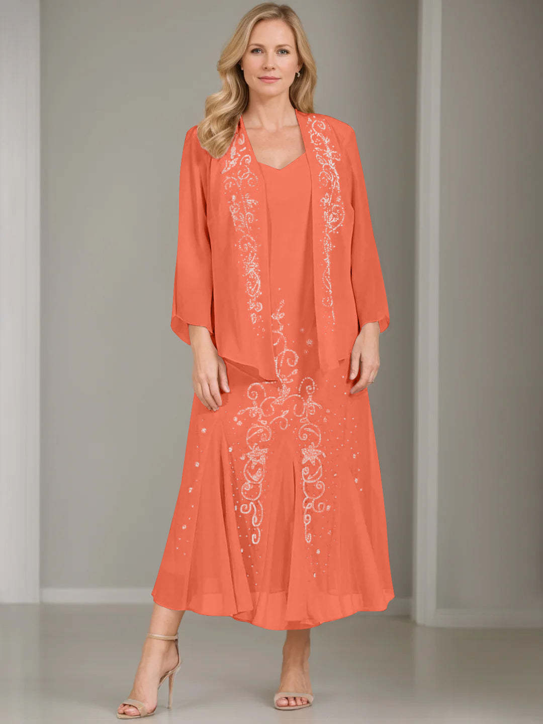 V-Neck A-Line Princess Two-Piece Plus Size Mother of the Bride Dress with Jacket and Sequins in Tea-Length-BMbridal