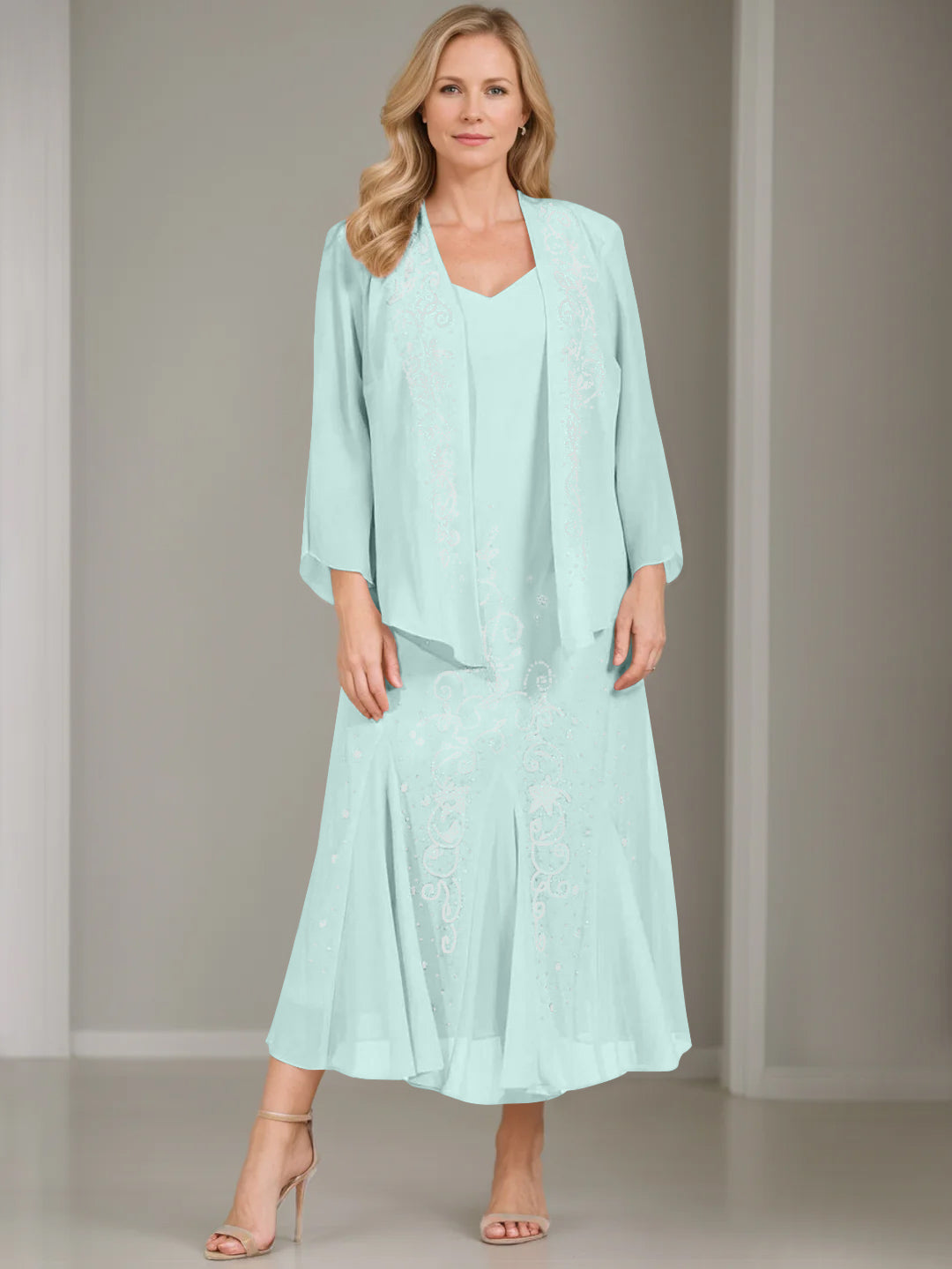 V-Neck A-Line Princess Two-Piece Plus Size Mother of the Bride Dress with Jacket and Sequins in Tea-Length-BMbridal