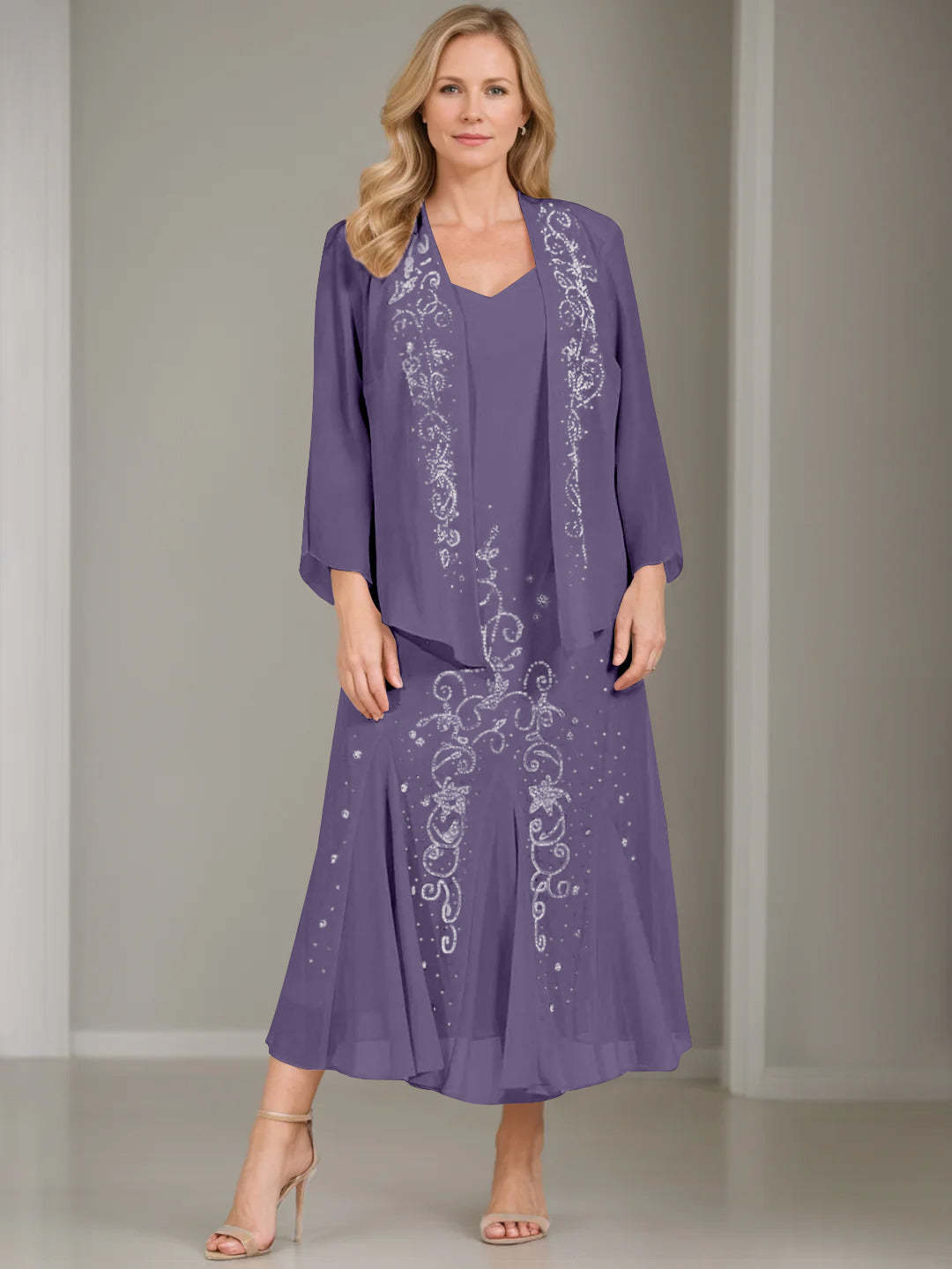 V-Neck A-Line Princess Two-Piece Plus Size Mother of the Bride Dress with Jacket and Sequins in Tea-Length-BMbridal