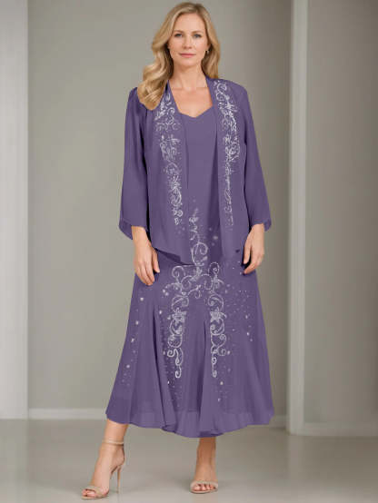 V-Neck A-Line Princess Two-Piece Plus Size Mother of the Bride Dress with Jacket and Sequins in Tea-Length-BMbridal