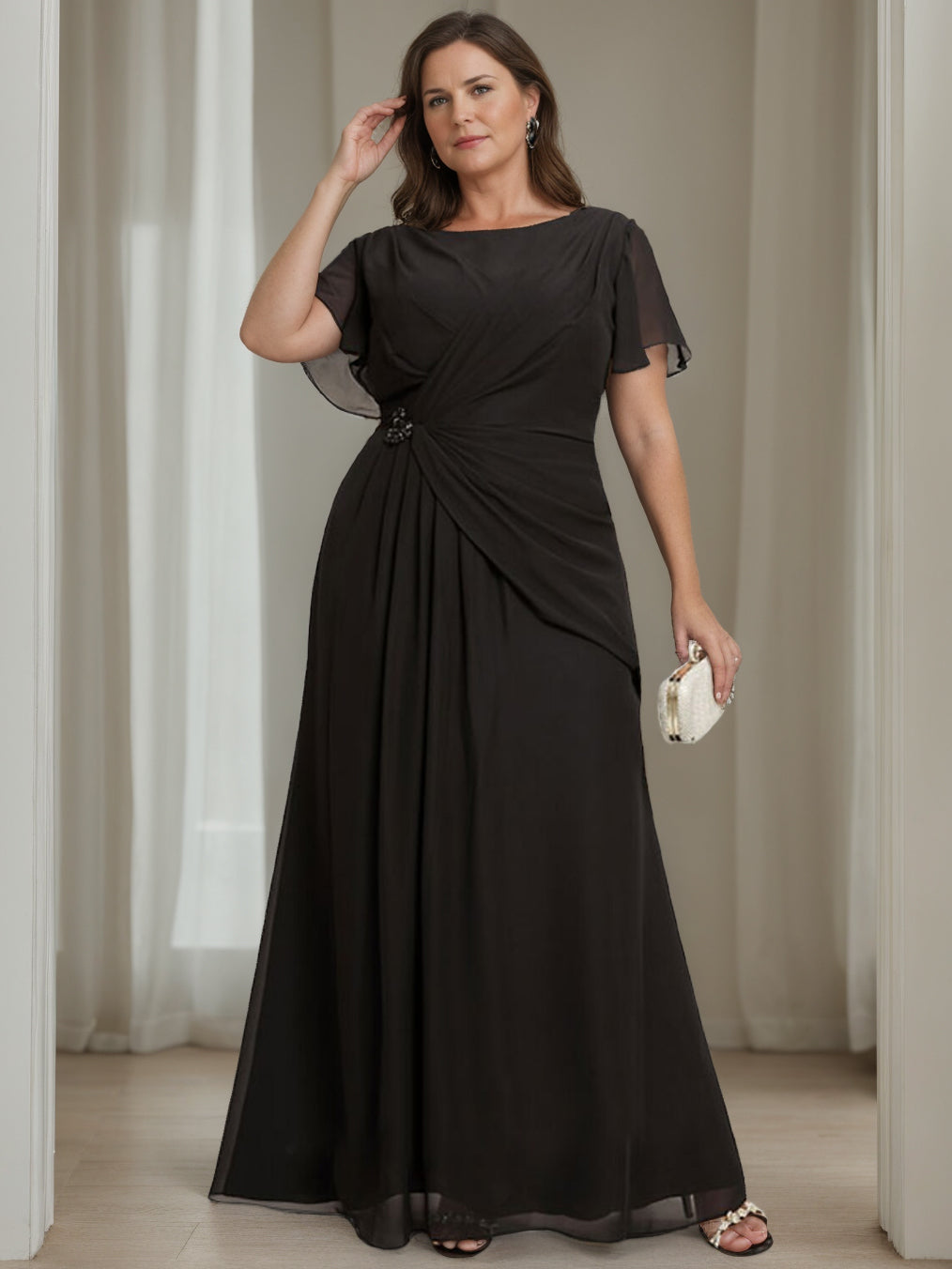 Plus Size Floor-Length A-Line Mother of the Bride Dress with Ruffles Round Neck and Short Sleeves-BMbridal