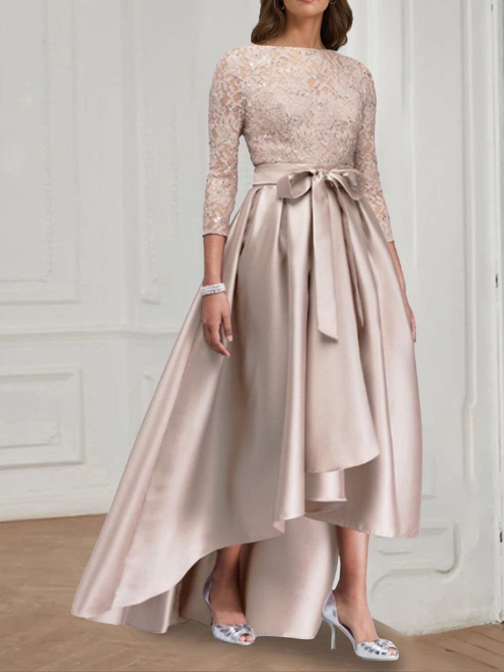 Asymmetrical Plus Size Mother of the Bride A-Line Dress with Jewel Neck and 3/4 Sleeves-BMbridal