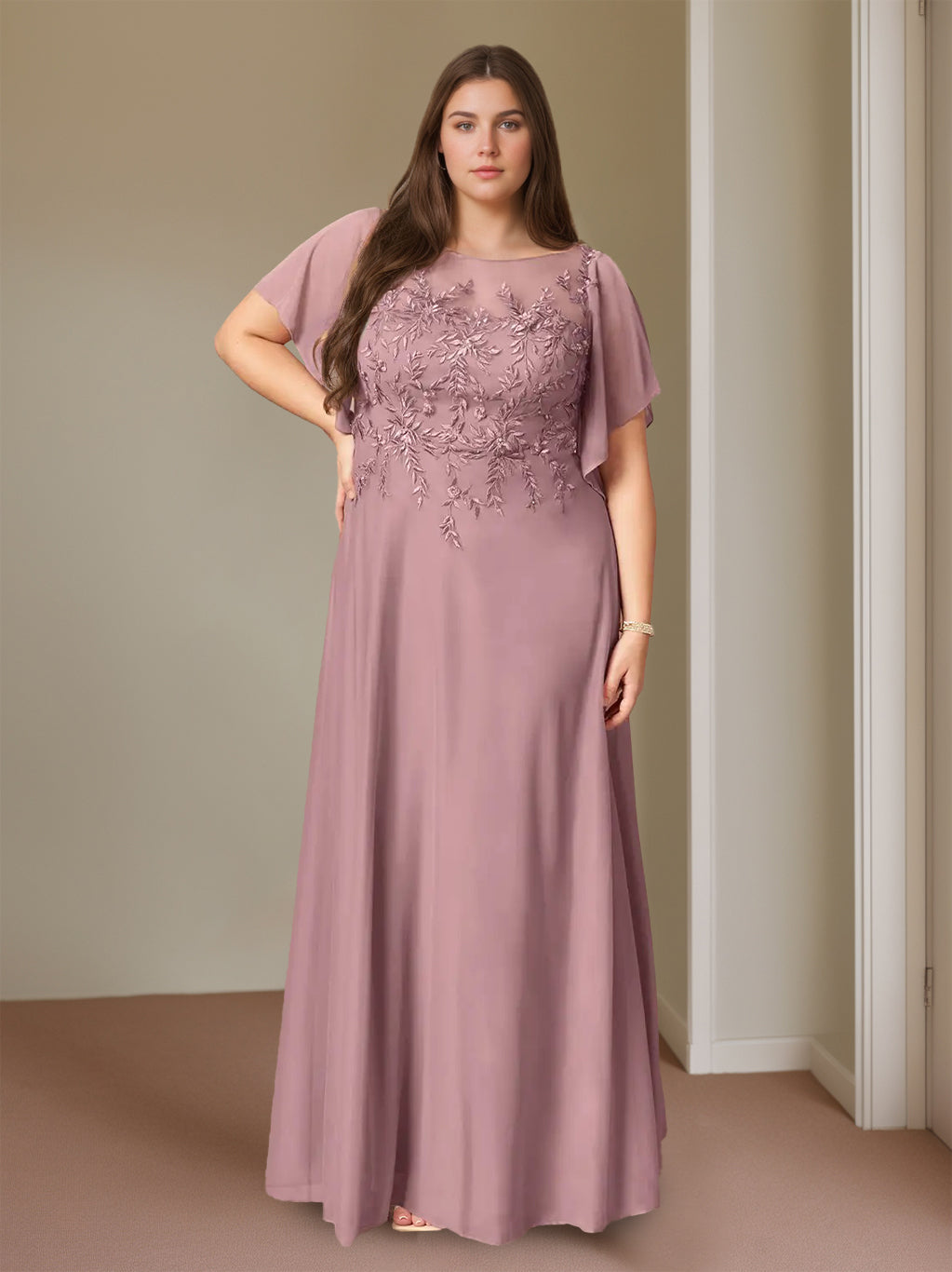 Plus Size Floor-Length Mother of the Bride A-Line Dress with Lace Round Neck and Short Sleeves-BMbridal
