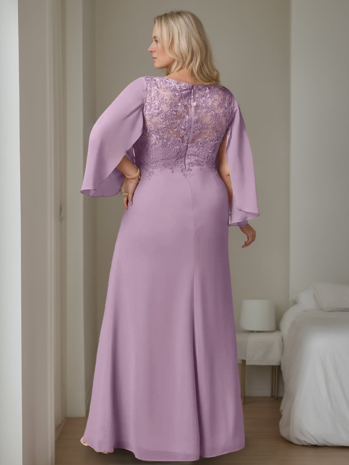 Plus Size Floor-Length V-Neck A-Line Mother of the Bride Dress with Ruffles and Long Sleeves-BMbridal