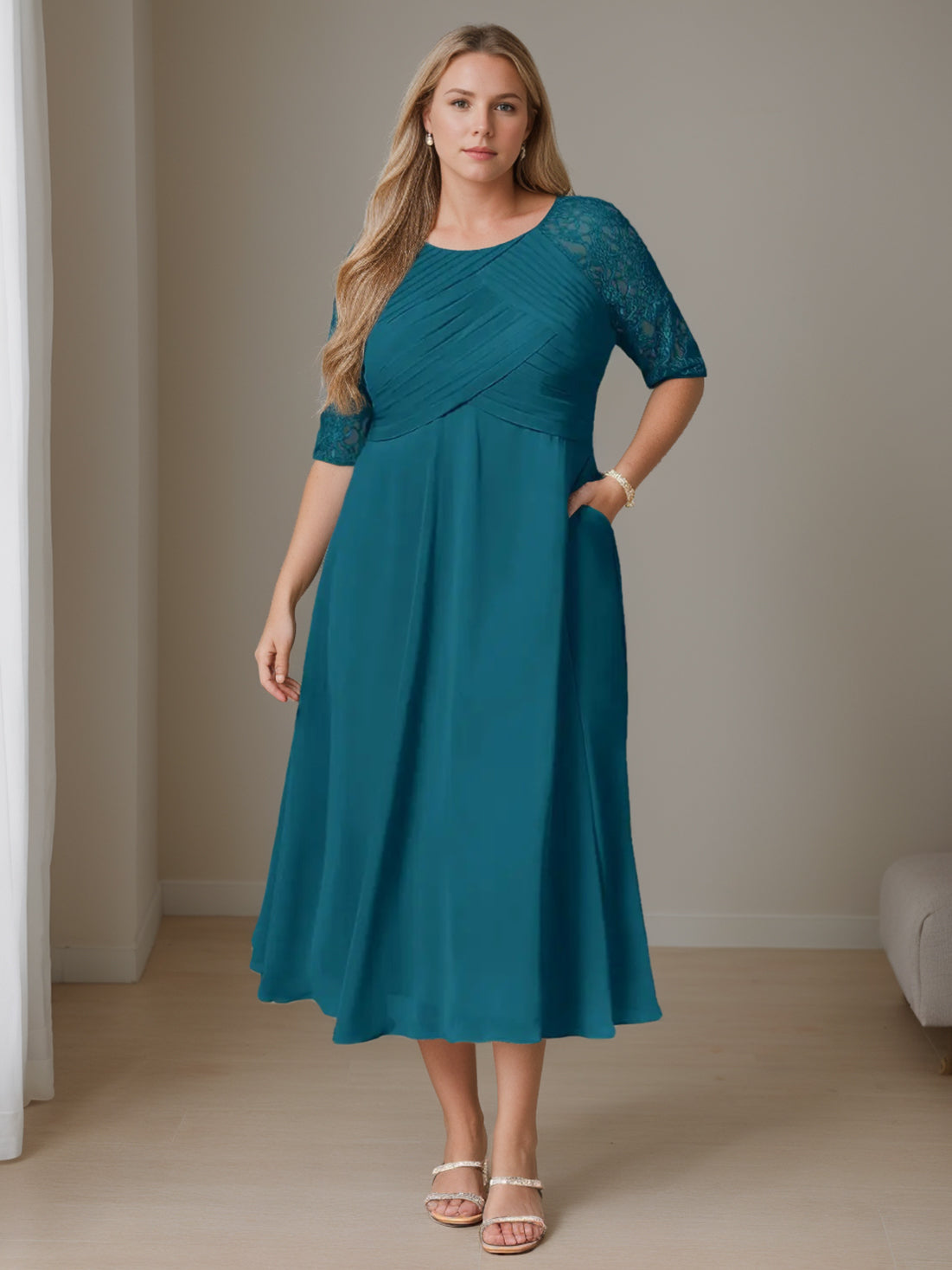 Plus Size Tea-Length Mother of the Bride A-Line Dress with Ruffles Round Neck and Half Sleeves-BMbridal