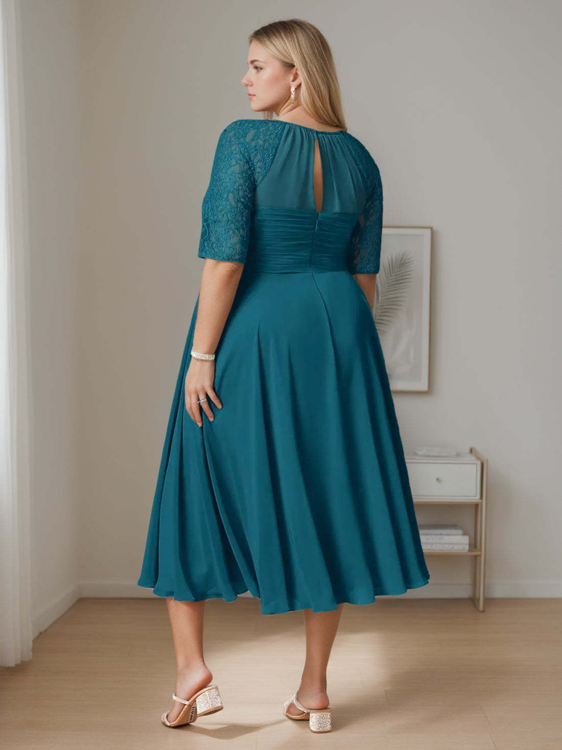 Plus Size Tea-Length Mother of the Bride A-Line Dress with Ruffles Round Neck and Half Sleeves-BMbridal