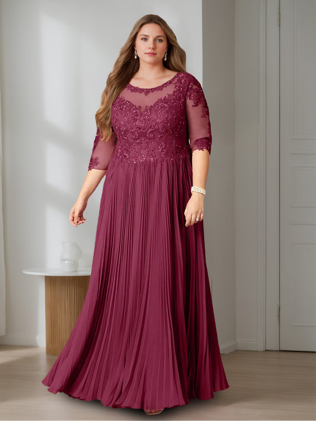 Plus Size Floor-Length A-Line Princess Scoop Neck Mother of the Bride Dress with Half Sleeves and Sequins-BMbridal