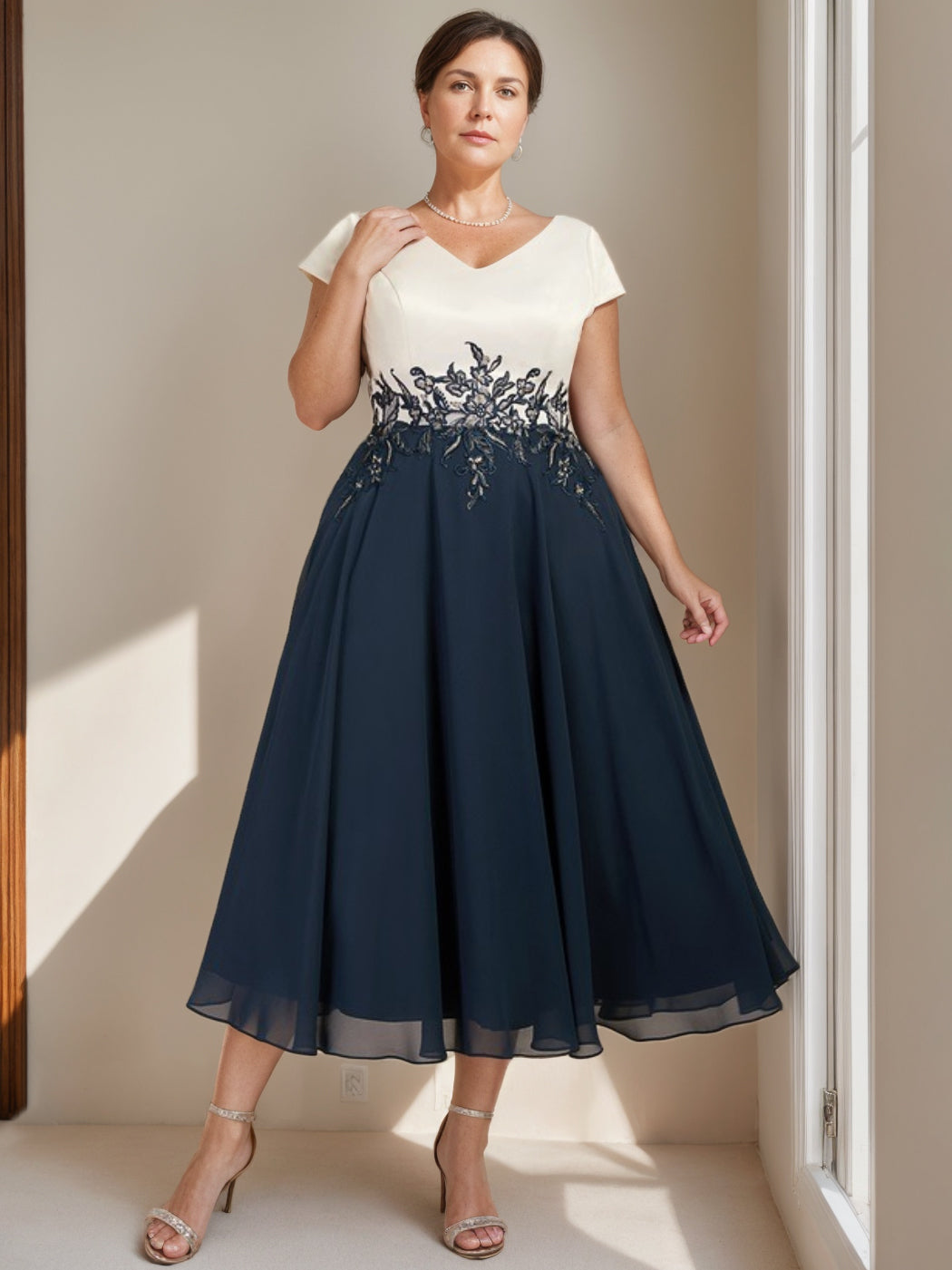 Plus Size Tea-Length Mother of the Bride Dress in A-Line/Princess Cut with V-Neck and Short Sleeves Featuring Lace-BMbridal