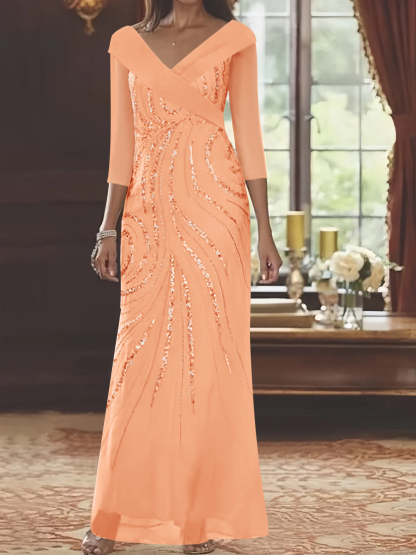 V-Neck 3/4 Sleeve Floor-Length Sequined Mother of the Bride Sheath Dress-BMbridal