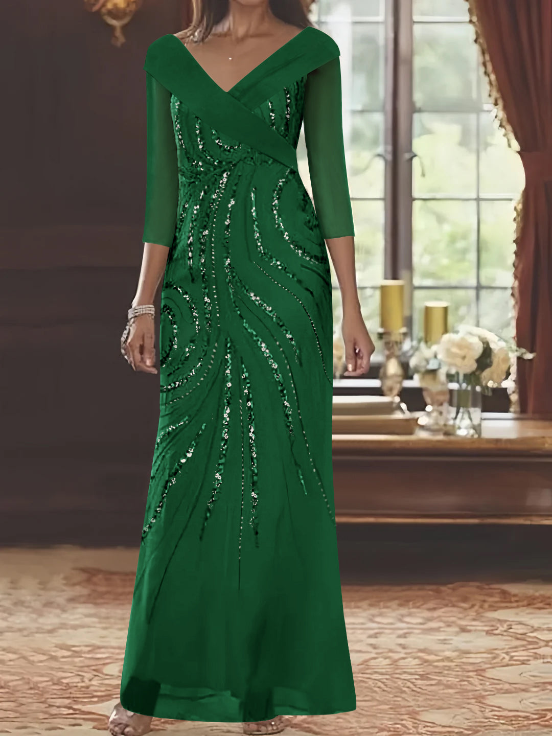 V-Neck 3/4 Sleeve Floor-Length Sequined Mother of the Bride Sheath Dress-BMbridal