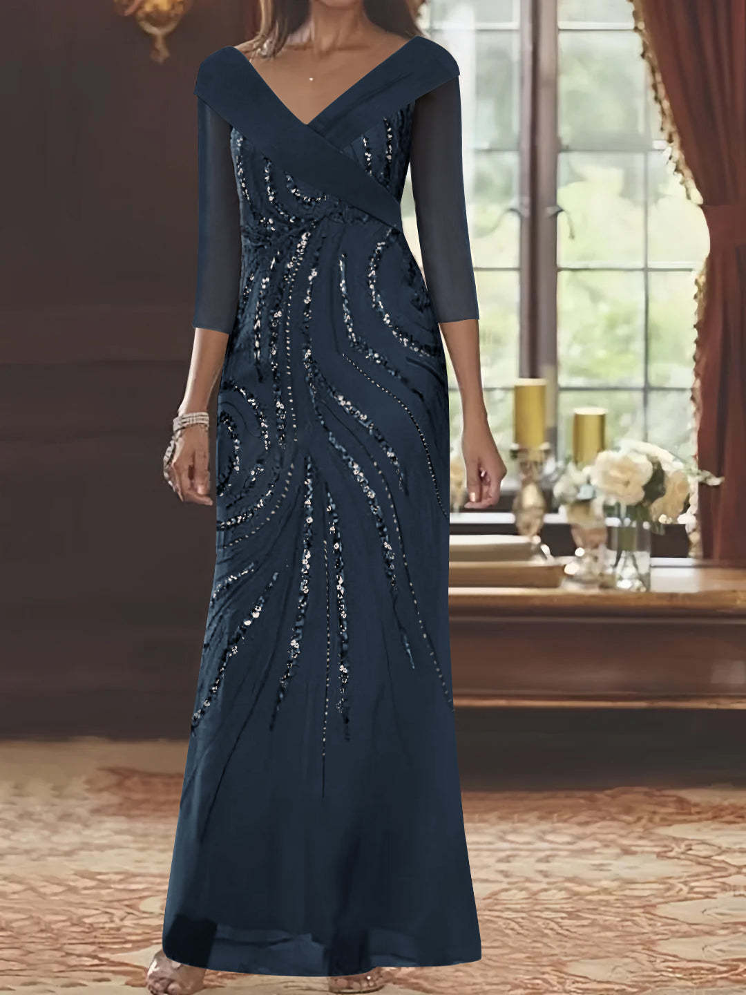 V-Neck 3/4 Sleeve Floor-Length Sequined Mother of the Bride Sheath Dress-BMbridal