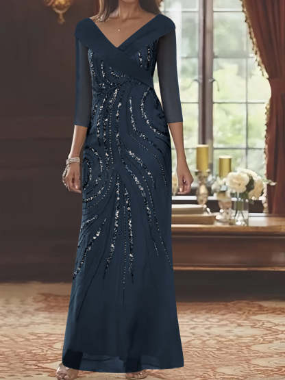 V-Neck 3/4 Sleeve Floor-Length Sequined Mother of the Bride Sheath Dress-BMbridal