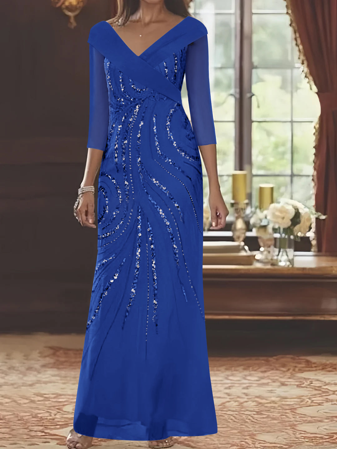 V-Neck 3/4 Sleeve Floor-Length Sequined Mother of the Bride Sheath Dress-BMbridal