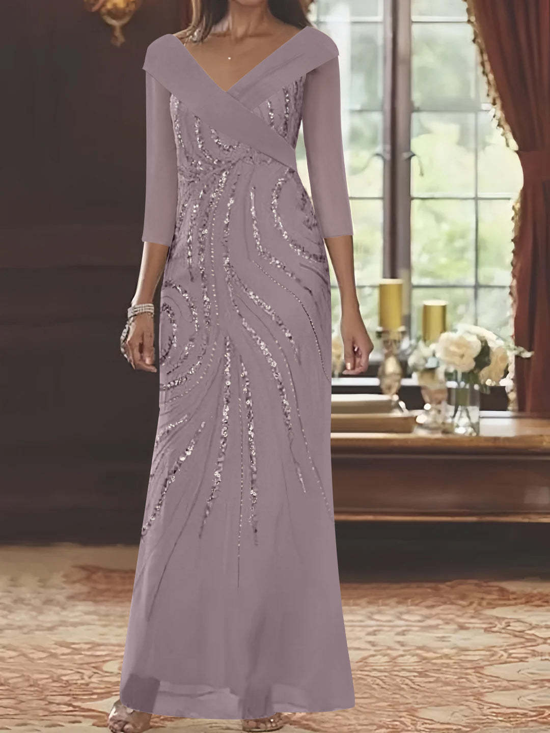 V-Neck 3/4 Sleeve Floor-Length Sequined Mother of the Bride Sheath Dress-BMbridal